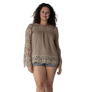 Tan Boxy Blouse with Embellished Bib